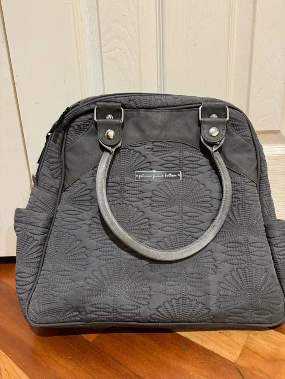 Petunia Pickle Bottom Quilted Charcoal Gray Tote Circular Handles Diaper Bag